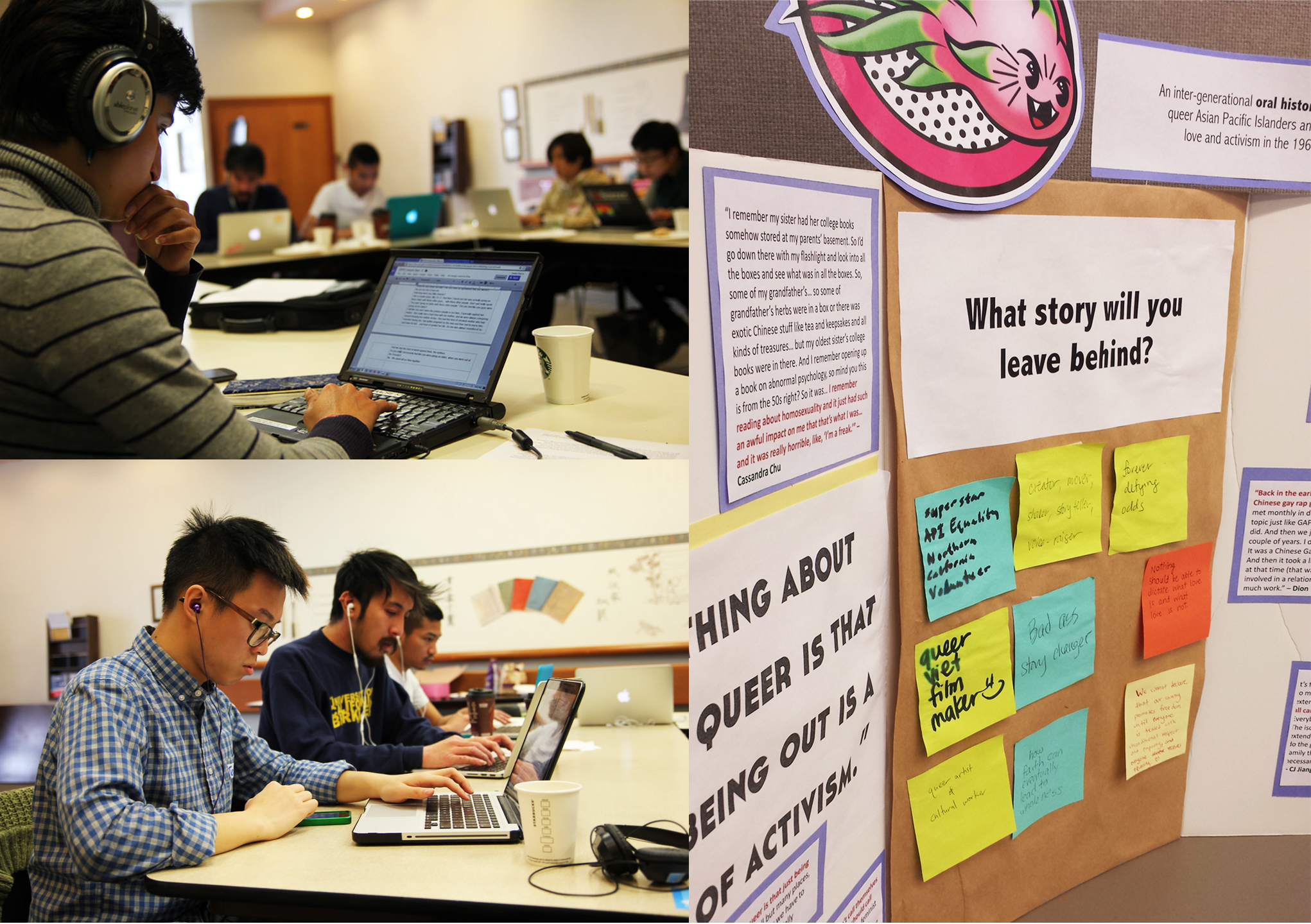 "Left: API Equality - Northern California volunteers at a Dragon Fruit Project transcribing event; Right: A Dragon Fruit Project presentation board with main text, 'What story will you leave behind?'"