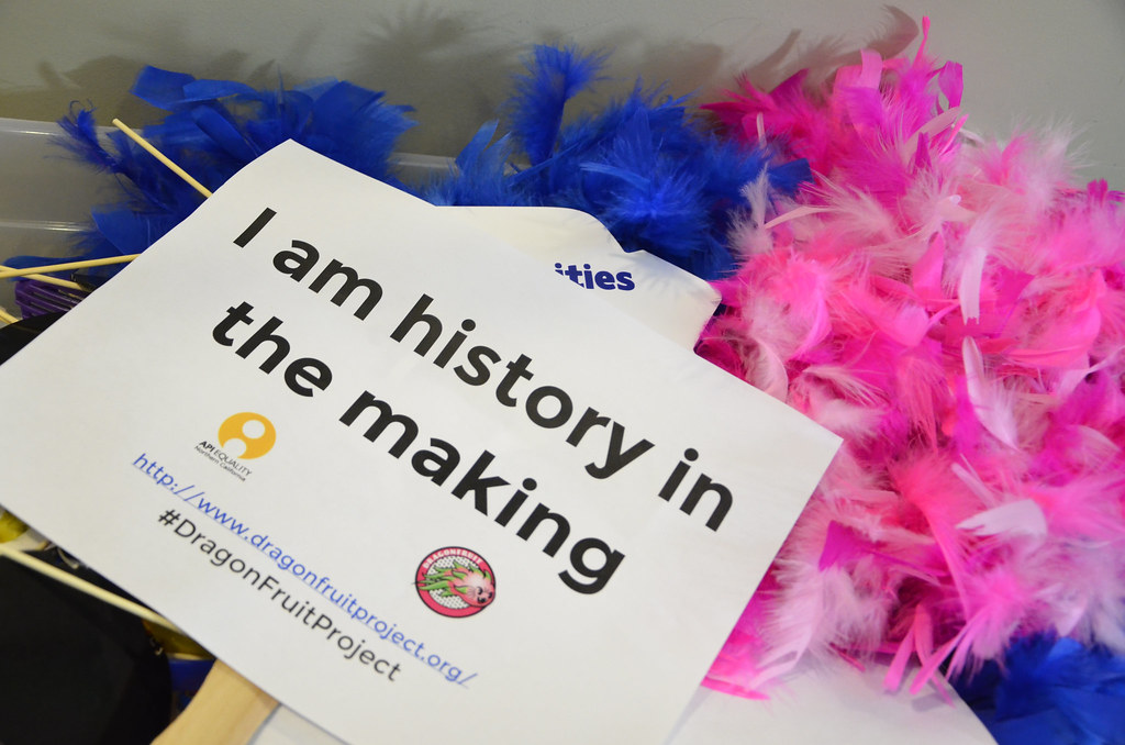 Image description: A sign reads "I am history in the making" sitting on top of colorful feather boas.