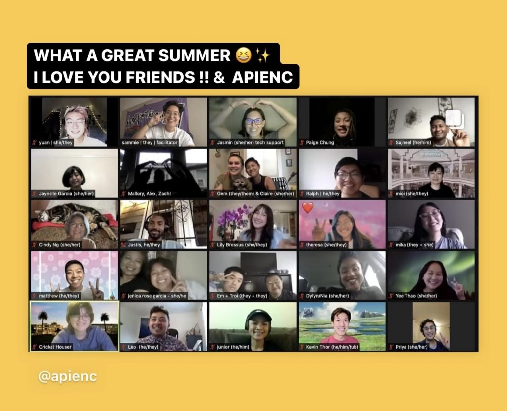 Image description: A Zoom screenshot with a yellow background. The words "What a great Summer" and "I love you friends !! & APIENC" at the top.